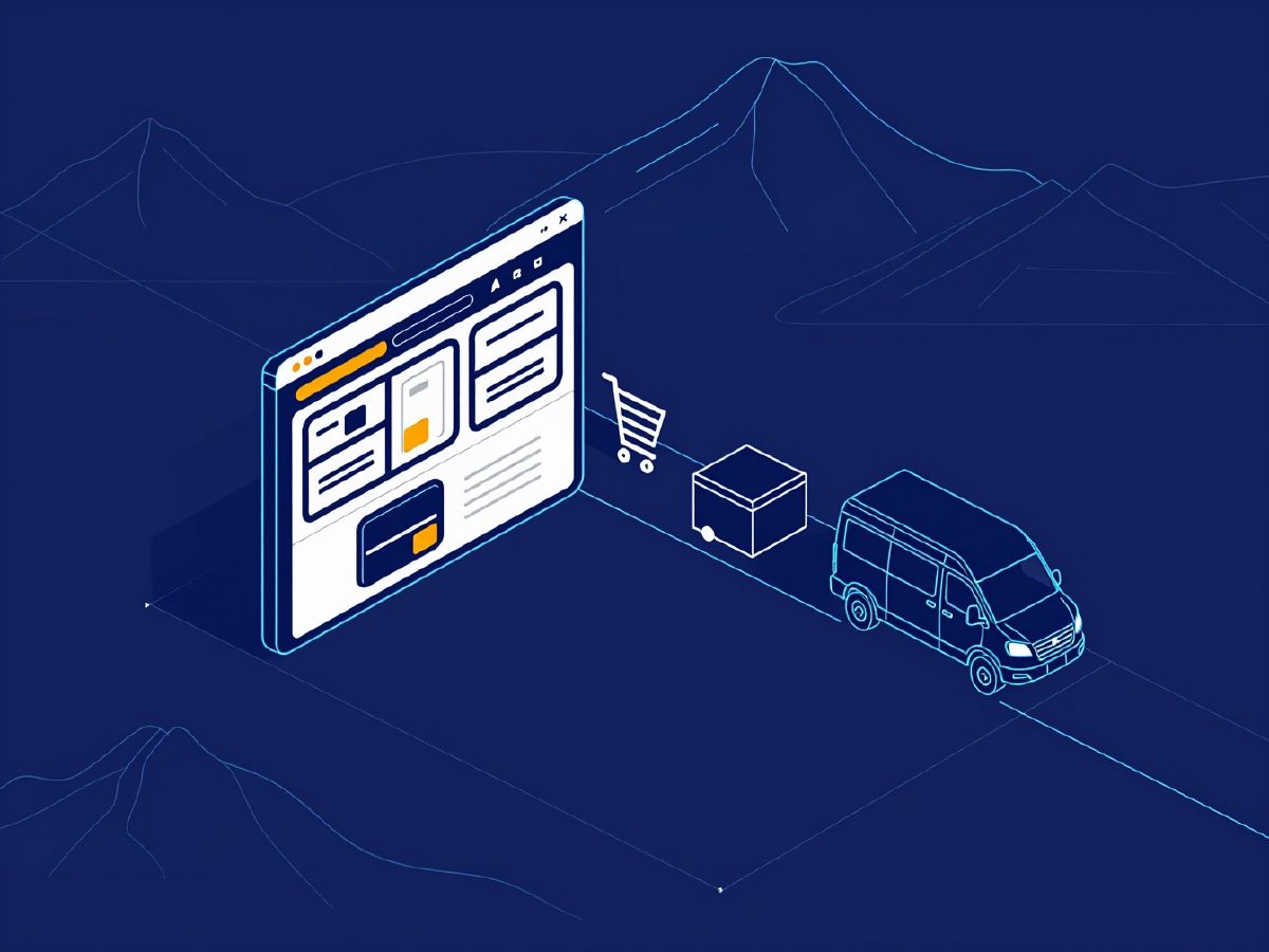 Illustration: an online store page with product cards and a cart, and an order travelling to a delivery van