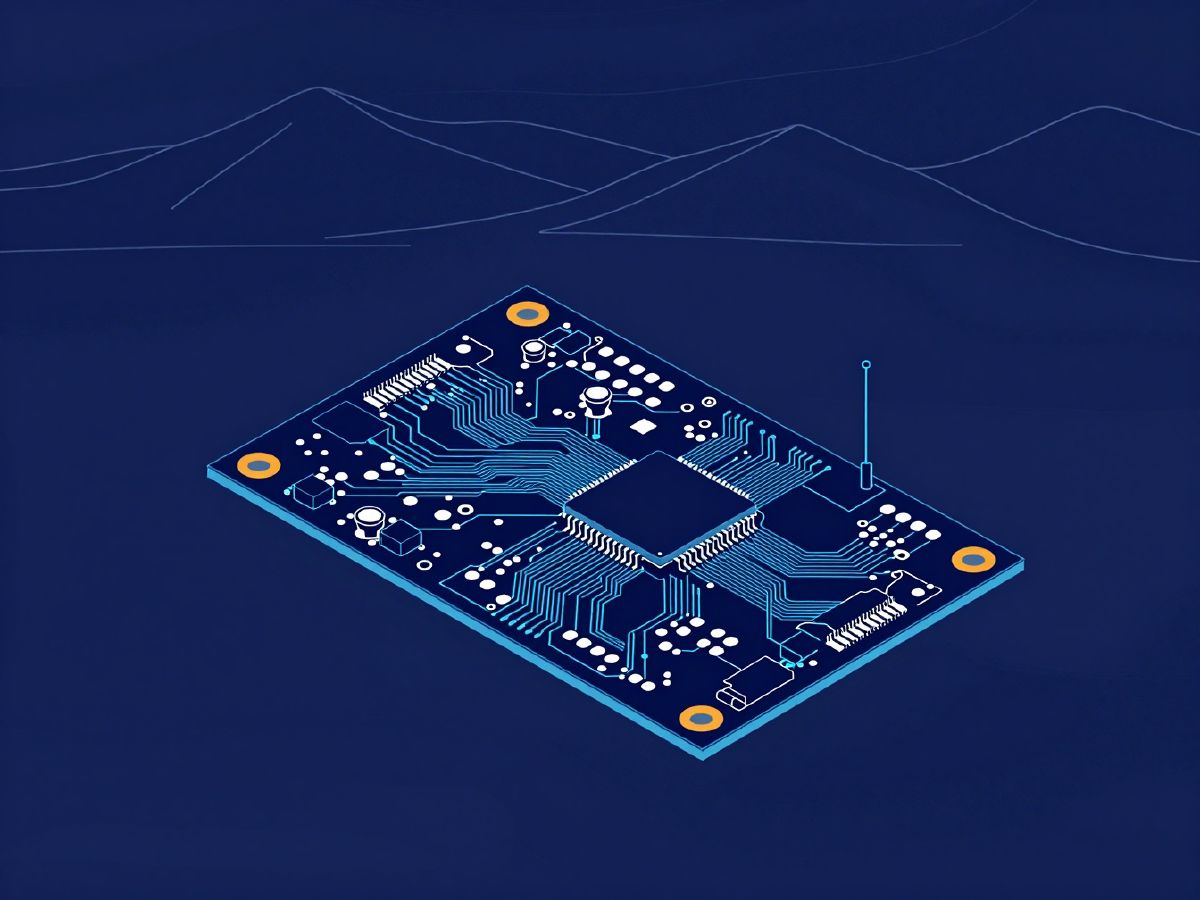 Illustration: a printed circuit board with a microcontroller, components and an antenna