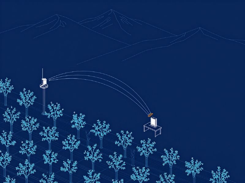 Illustration: sensors on poles in a hillside orchard sending wireless data to a server