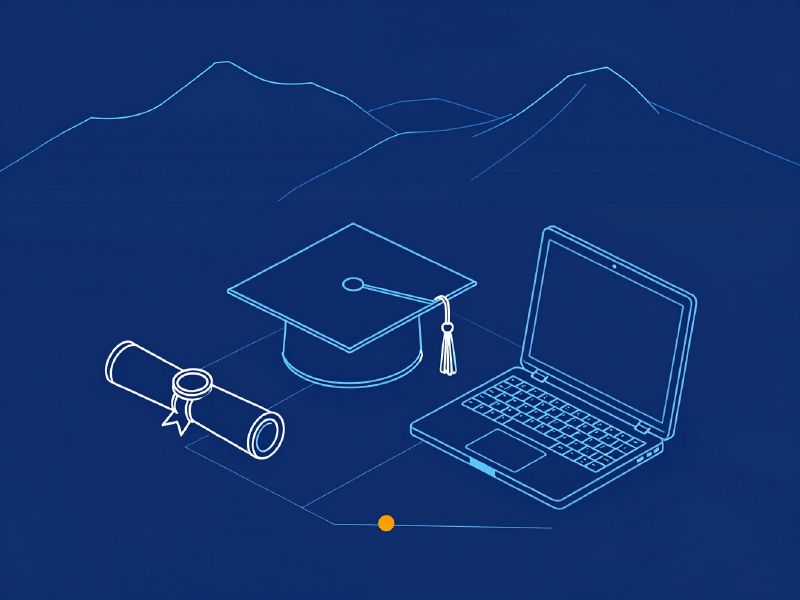Illustration: a certificate with a ribbon seal beside a graduation cap and a laptop