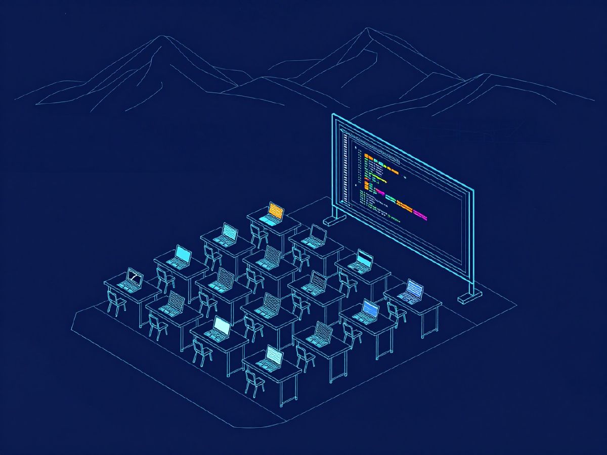 Illustration: a training room of desks and laptops facing a screen of code