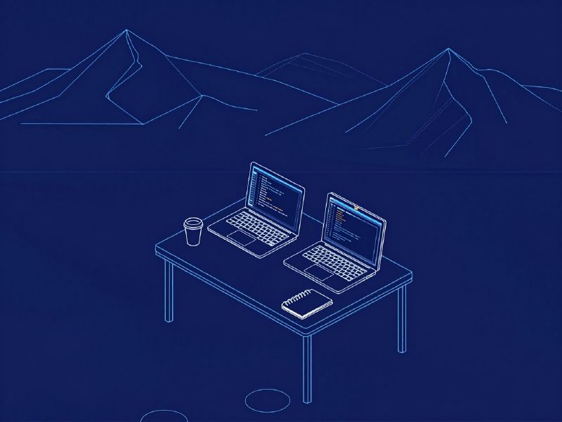Illustration: two laptops on one desk sharing a code review