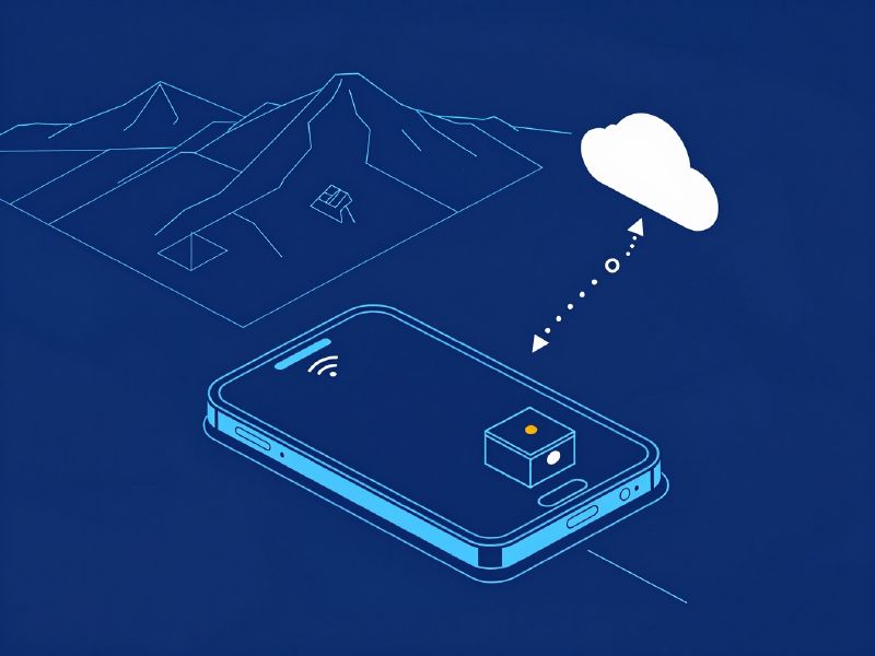 Illustration: a smartphone in a remote mountain village storing data offline and syncing to the cloud