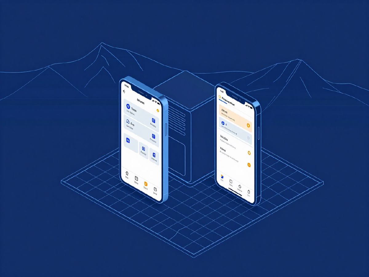 Illustration: two smartphones with different app layouts sharing one backend server