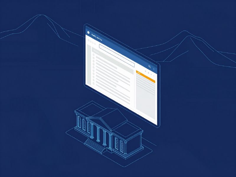 Illustration: a public service portal layout with search, forms and document lists above a government building