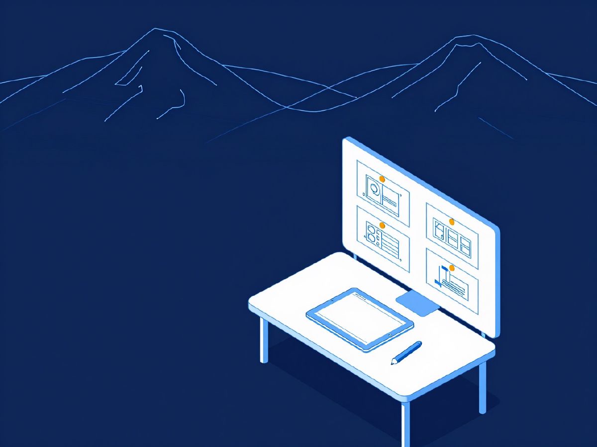 Illustration: wireframe sketches pinned on a board beside a tablet and stylus