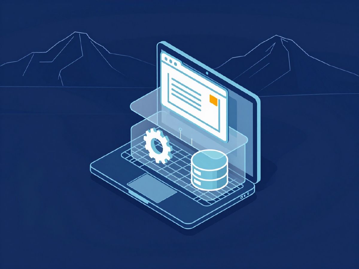 Illustration: a laptop with front-end, server and database layers stacked above it
