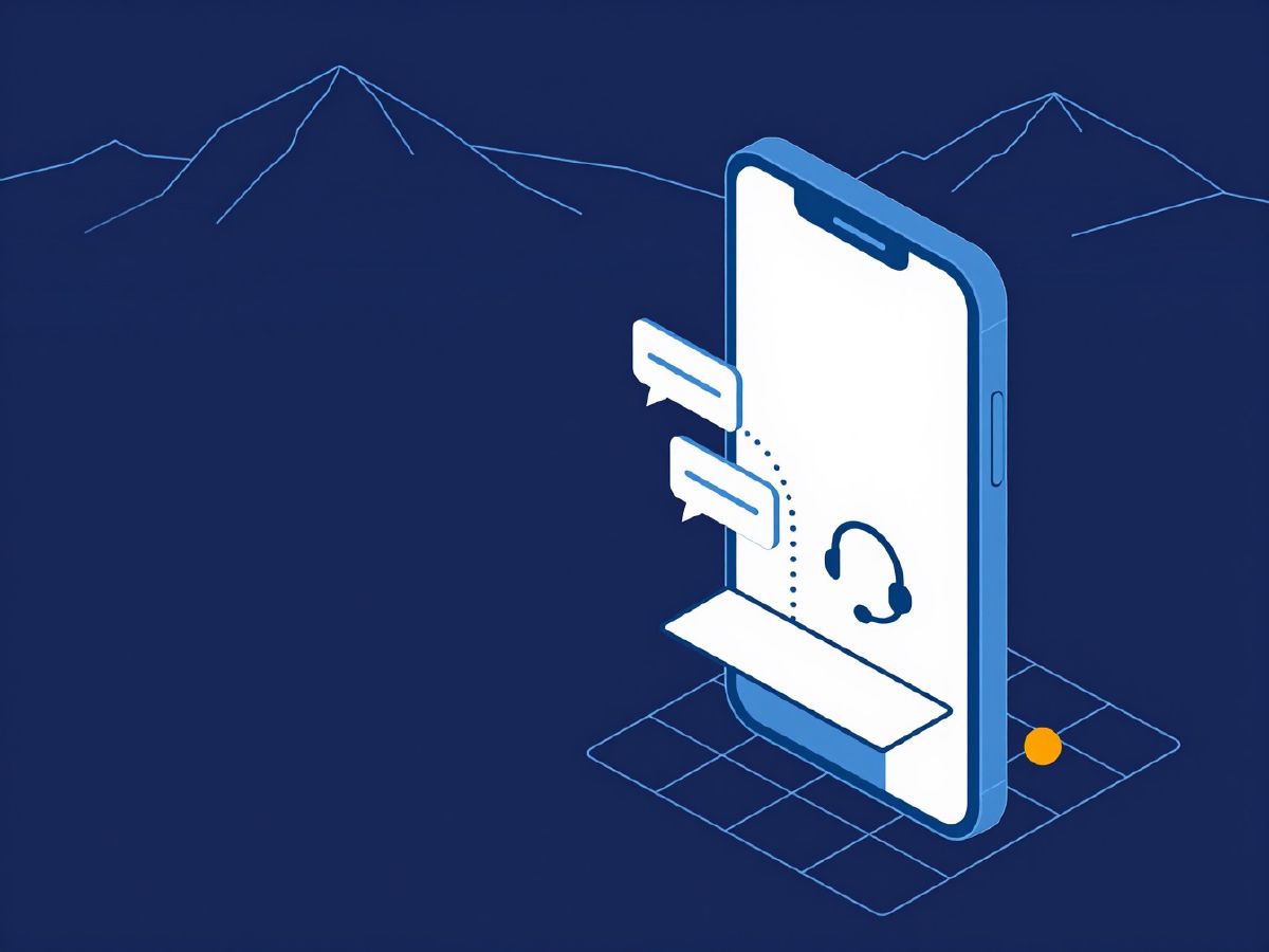 Illustration: a smartphone chat handing over to a person at a support desk with a headset