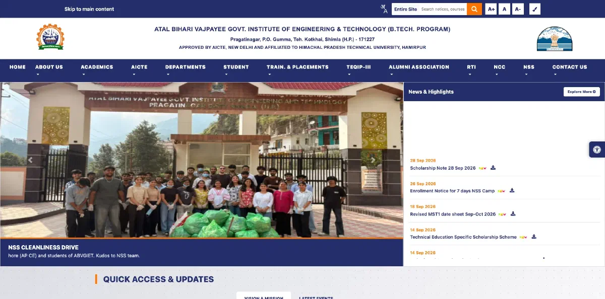 ABVGIET Pragatinagar homepage, showing students at the campus gate after an NSS cleanliness drive beside the news and highlights panel