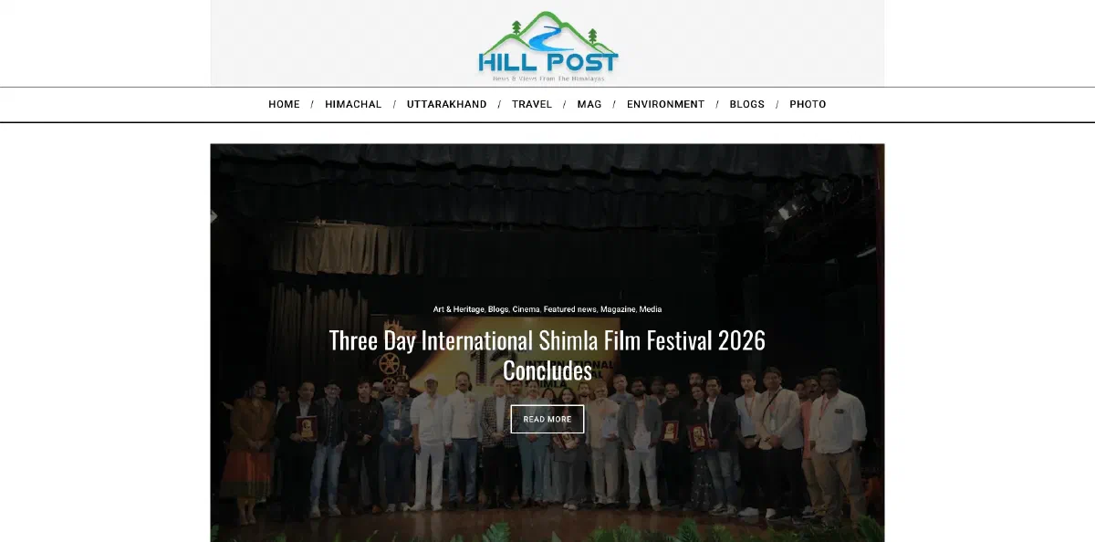 Hill Post news homepage, showing the category navigation above a lead story on the Shimla International Film Festival 2026