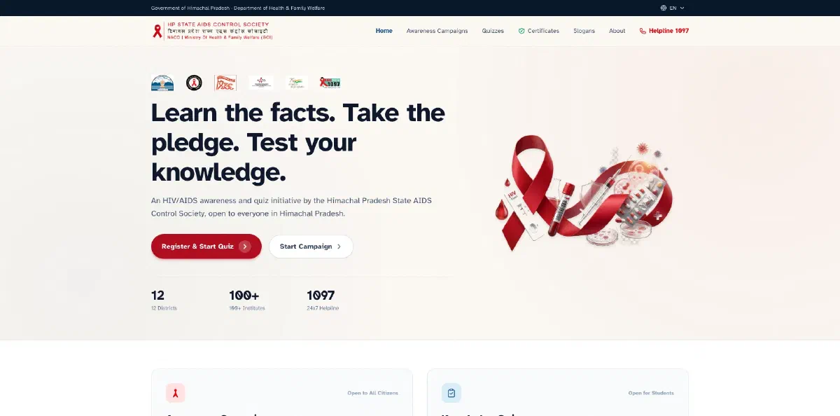 HP State AIDS Control Society quiz platform homepage, showing the 'Learn the facts. Take the pledge. Test your knowledge.' headline beside a red ribbon