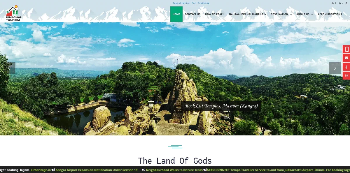 Himachal Pradesh Tourism homepage, showing the Masroor rock-cut temples banner below the navigation and trekking registration link