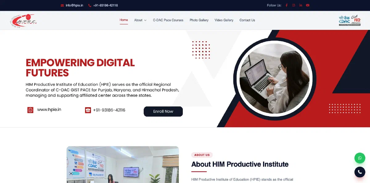 HIM Productive Institute of Education homepage, showing the C-DAC GIST PACE regional coordinator banner and the enrol button