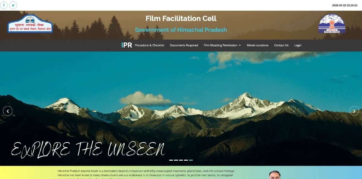 Film Facilitation Cell homepage, showing a snow-capped range under the 'Explore the unseen' banner caption below the IPR navigation