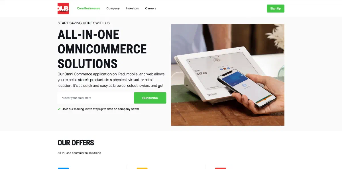 The OLB Group homepage, showing the all-in-one omnicommerce solutions headline beside a phone paying at a card terminal