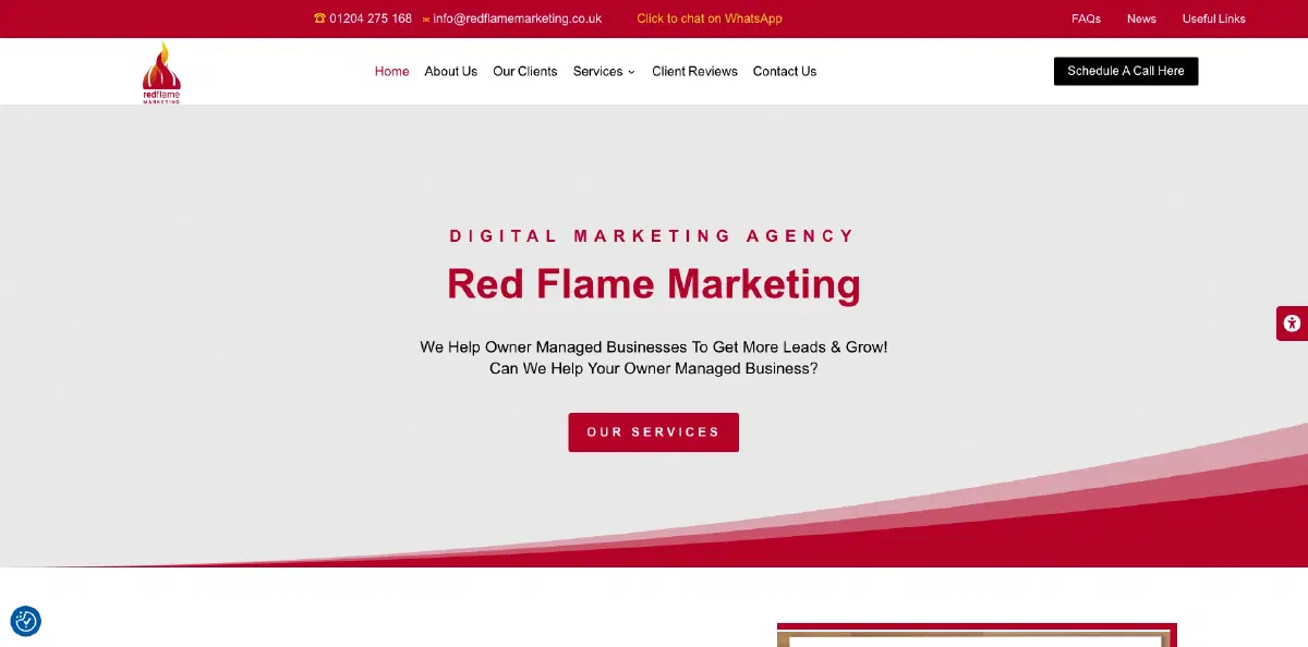 Red Flame Marketing homepage, showing the digital marketing agency headline and Our services button above a red wave
