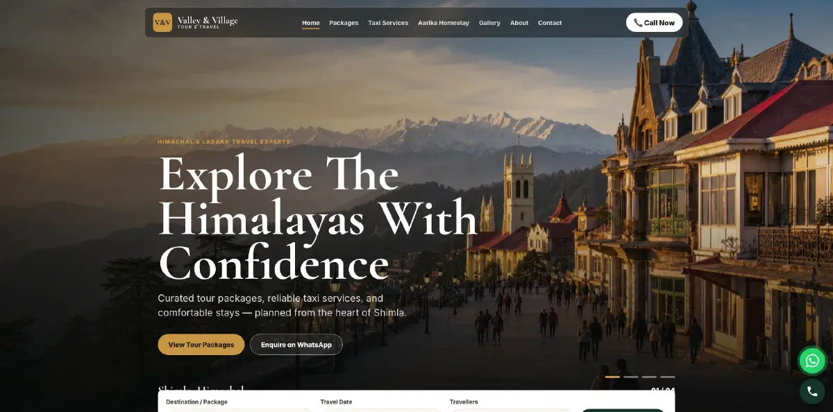 Valley & Village Tour & Travel homepage, showing the 'Explore the Himalayas with confidence' headline over a view of Shimla with snow peaks behind