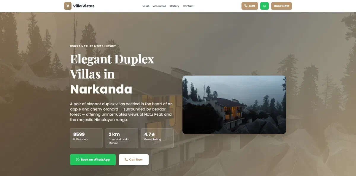 Villa Vistas homepage, showing the 'Elegant duplex villas in Narkanda' headline beside a photograph of a villa among deodar trees